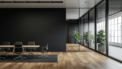 modern interior design office hall with conference table, wooden floor and dark wall background
