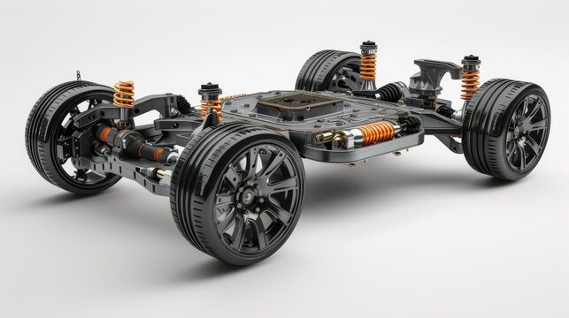 Cutaway view of Electric Vehicle Motor with suspension on white background. 3D rendering image