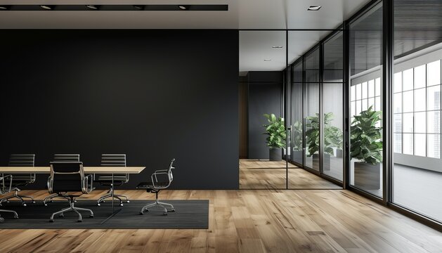 modern interior design office hall with conference table, wooden floor and dark wall background