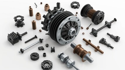 Electric motor parts and structure isolated on white background. 3d illustration - obrazy, fototapety, plakaty