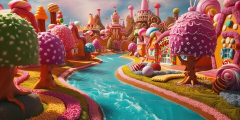 A whimsical and colorful candy village with houses made of confectionery delights and a river flowing with liquid sweetness. Resplendent.