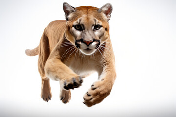 Mountain Lion leaping toward the camera on a white background, feline front portrait.