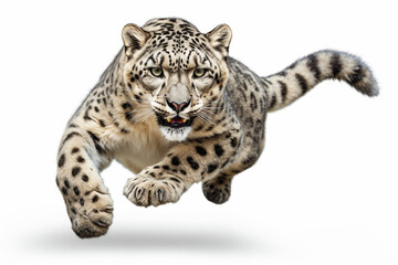 Naklejka premium Snow Leopard leaping toward the camera on a white background. Beautiful feline front portrait