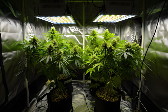 Indoor Cannabiskultur: Farbenpr&auml;chtige Growbox mit reifen Cannabispflanzen