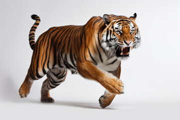 Fototapeta premium Tiger charging towards the camera on a white background. Feline front portrait. 