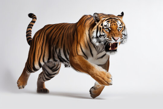 Tiger charging towards the camera on a white background. Feline front portrait.	
