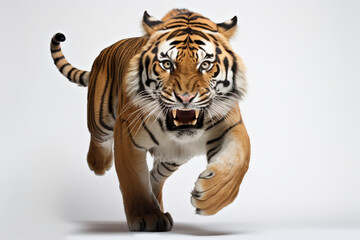Obraz premium Tiger charging towards the camera on a white background. Feline front portrait. 