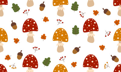 Seamless pattern with mushrooms. Seamless pattern with mushrooms and leaves, acorns and berries. Forest background