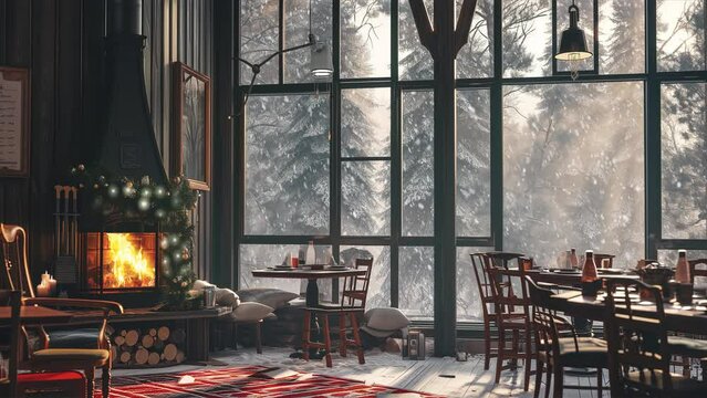 Cozy winter cafe interior with Christmas fireplace, looped footage