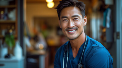 smiling asian doctor wearing scrubs and stethoscope