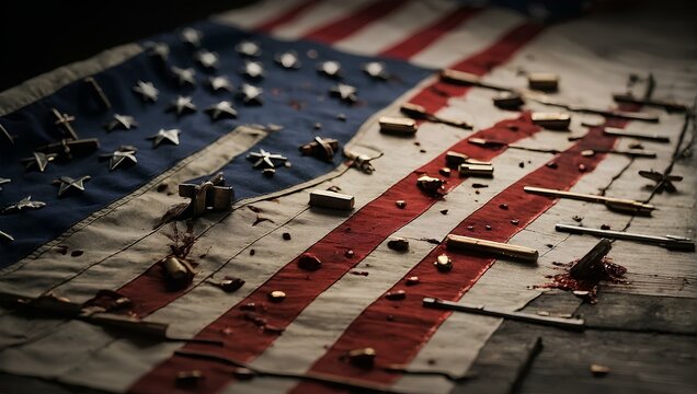 An American Flag Where There Are Small Crosses In Place Of The Stars With Blood,