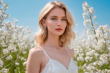 Ethereal Beauty: Model Portrait with White Flowers
