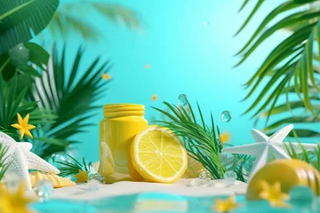 Crédence de cuisine en verre imprimé Turquoise  Sunscreen ad template with palm leaves