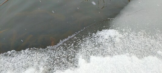 The white edge of the ice on the river in spring.