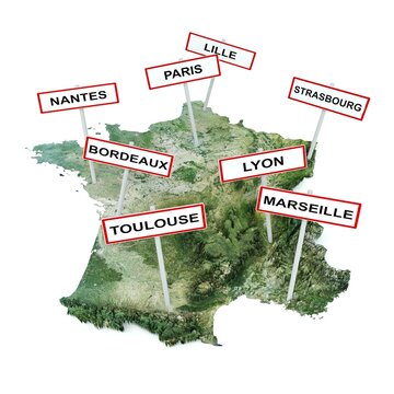 carte de France avec panneaux des plus grandes villes - rendu 3D - fond blanc