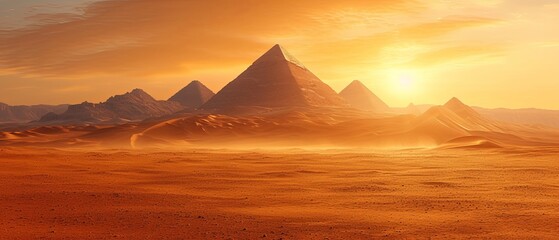 Fototapeta na wymiar Desert Landscape With Three Pyramids