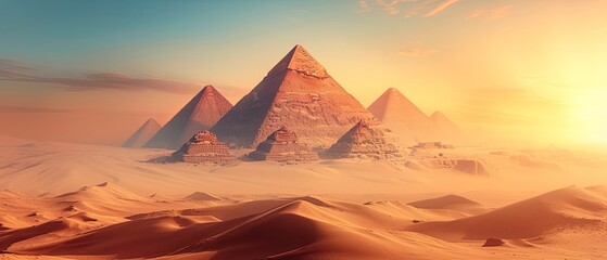 Group of Pyramids in Desert at Sunset