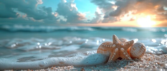 Fototapeta na wymiar Starfish on Beach With Sunset Background