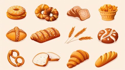 Set vector bread icons. Rye, whole grain and wheat bread, pretzel, muffin, pita , ciabatta, croissant, bagel, toast bread, french baguette for design menu bakery - obrazy, fototapety, plakaty