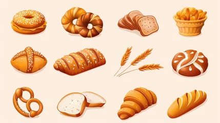 Poster Set vector bread icons. Rye, whole grain and wheat bread, pretzel, muffin, pita , ciabatta, croissant, bagel, toast bread, french baguette for design menu bakery © Orxan