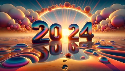 This is a vibrant and surreal digital artwork featuring the year 2024 in large, glossy 3D numbers, set against a desert landscape with reflective water puddles 