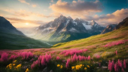 Fotobehang Sunrise in the mountains, mountain landscape in spring © farzanehappy