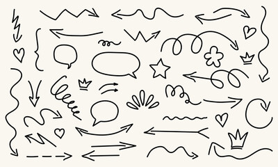 Hand drawn doodle design elements. Arrowm crown, heart, star, speech bubble. Vector illustration