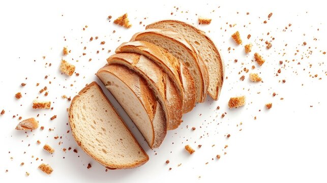 Sliced bread isolated on a white background. Bread slices and crumbs viewed from above. Top view