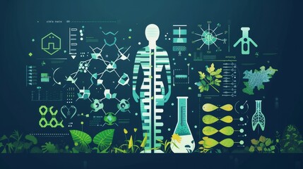 Synthetic Biology Concept - SynBio - Novel Field of Science That Engineers Life Forms for Human Benefit with Wide Ranging Applications - Conceptual Illustration with Biology-related Icons - obrazy, fototapety, plakaty