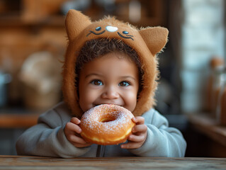 Petit enfant mangeant un beignet de carnaval de type bagel, enfant déguisement de chat mignon pendant la célébration de Mardi gras avec sa famille