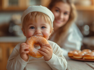 Petit enfant mangeant un beignet de carnaval de type bagel en compagnie de sa mère, enfant en pyjama blanc mignon, maman souriante partageant la célébration de Mardi gras
