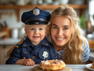 Petit enfant mangeant un beignet de carnaval de type bagel en compagnie de sa mère, enfant déguisement de policier, maman souriante partageant la célébration de Mardi gras