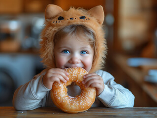 Petit enfant mangeant un beignet de carnaval de type bagel, enfant déguisement de chat mignon pendant la célébration de Mardi gras avec sa famille