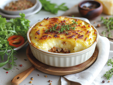 Hachis parmentier, recette typique de France &agrave; base de pur&eacute;e de pommes de terre et de hachis de viande