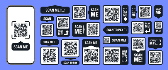 Scan me QR code sticker. Online payment. Special offer sale stickers, shopping discount label or promotional badge. Serial number, product ID. Supermarket retail label, price tag. Vector illustration