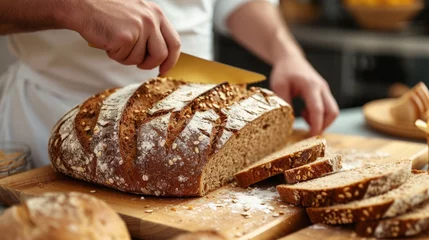 Tuinposter Whole grain bread put on kitchen wood plate with a chef holding gold knife for cut. Fresh bread on table close-up. Fresh bread on the kitchen table The healthy eating and traditional bakery concept © Orxan