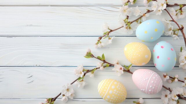 Easter background with eggs and cherry blossom branches on the white wooden background.