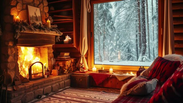 Winter Cabin Interior with Cozy Fireplace, Looped footage