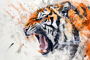 Watercolor close up of a roaring tiger.