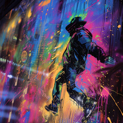 graffiti figures dancing under the city lights at night, composition that reflects the energy of graffiti art, vibrant colors and dynamic lines