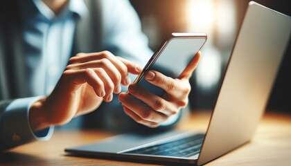 Close-up of a professional's hands using a smartphone in front of an open laptop.