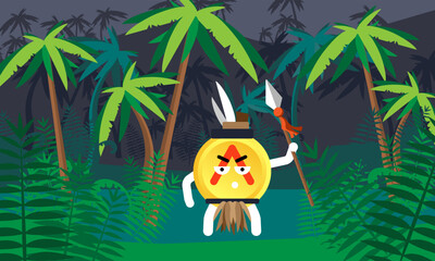 The character of a primitive hunter in the image of a coin in the background of the jungle at night time