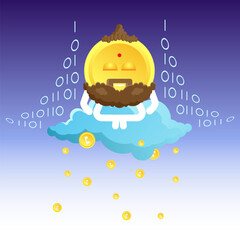 The character of an enlightened coin sitting on a cloud.  Binary code background, rain of coins. The notion of income