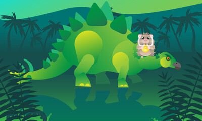 Illustration of a dinosaur in a rainforest with a hamster around its neck. The concept of cryptocurrency growth on exchanges