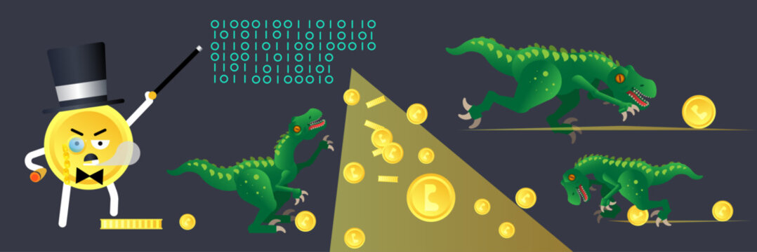 A cartoon illustration depicting a gentleman in the guise of a coin explains the principles of cryptocurrency exchanges to awkward dinosaurs