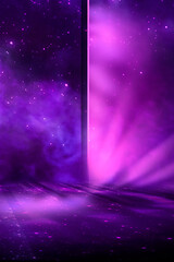 Abstract empty dark stage with purple smoke, neon, sparkles.