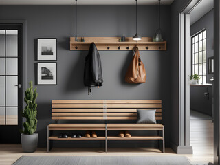 A Compelling Modern Entryway: Industrial Interior Design with Sturdy Wooden Accents