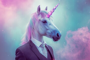 Obraz na płótnie Canvas A majestic mammal, the unicorn, stands proudly outdoors in a suit and tie, embodying elegance and professionalism in a unique and mythical form