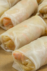 plusieurs nems prêt à cuire sur une plaque de cuisson	