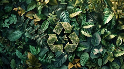 Obraz premium An eco-friendly garden blooms with life, as a green recycle symbol among leaves symbolizes a commitment to sustainability and nurturing the earth